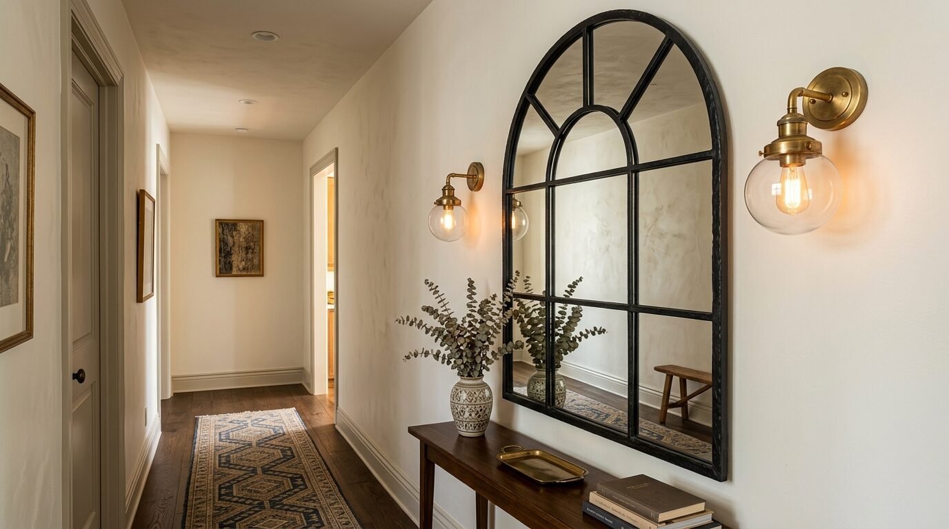 A wooden console table with a vase and books stands below a large black arched window-pane mirror in a hallway.