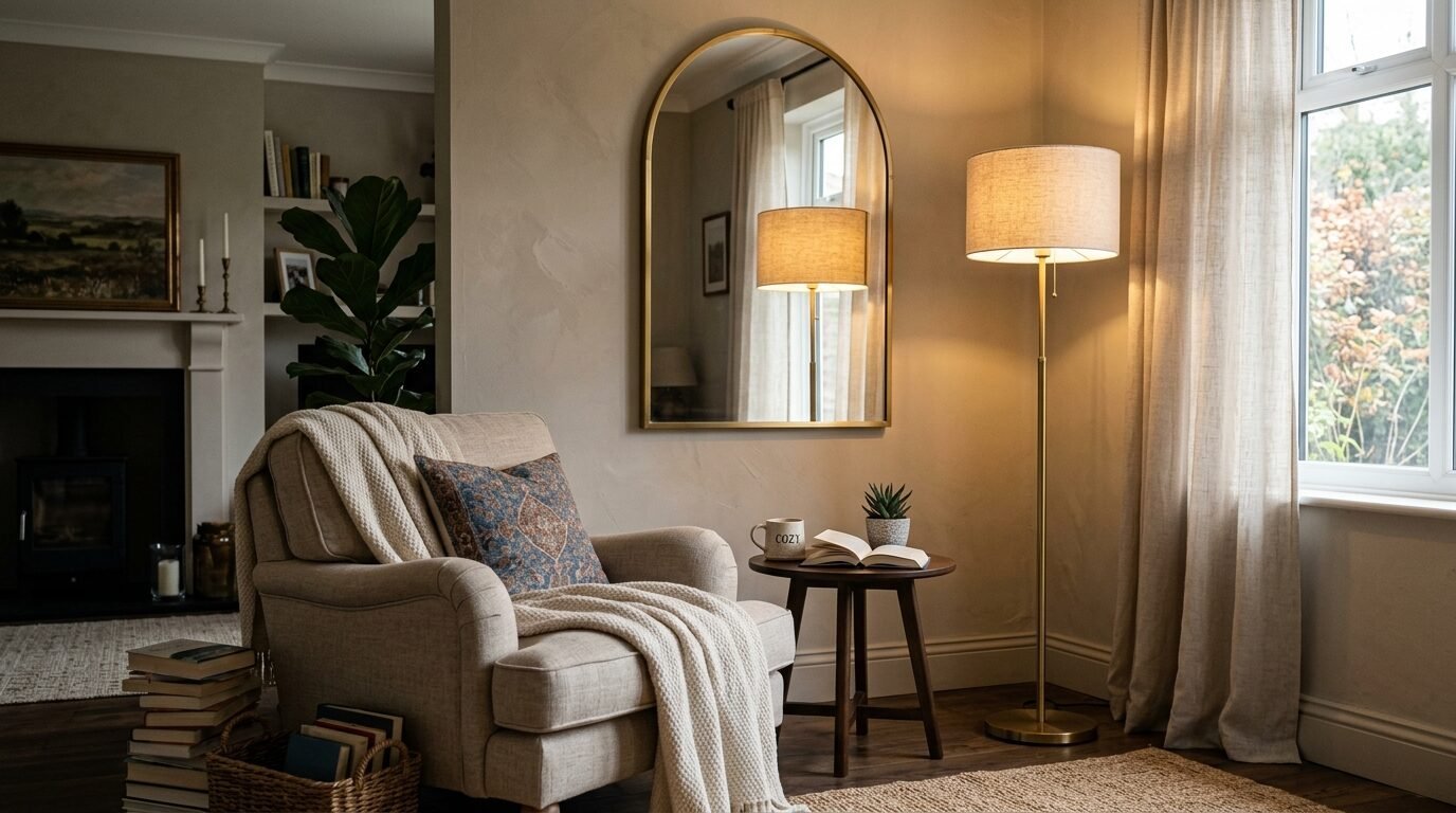 Cream armchair with a throw blanket next to a round side table, lamp, and arched gold-framed wall mirror.