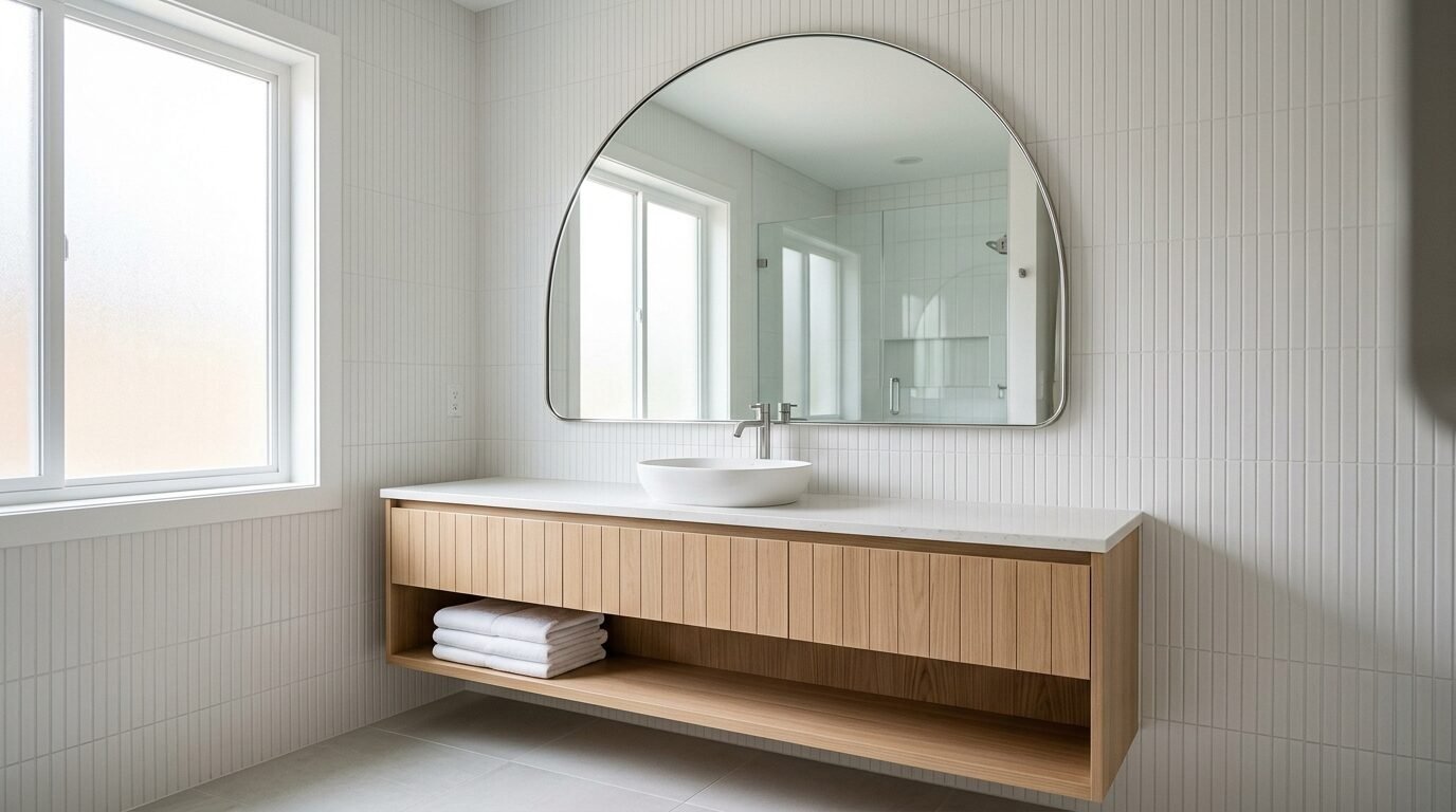 A modern bathroom vanity with a white vessel sink, arched mirror, and white vertical tile backsplash.