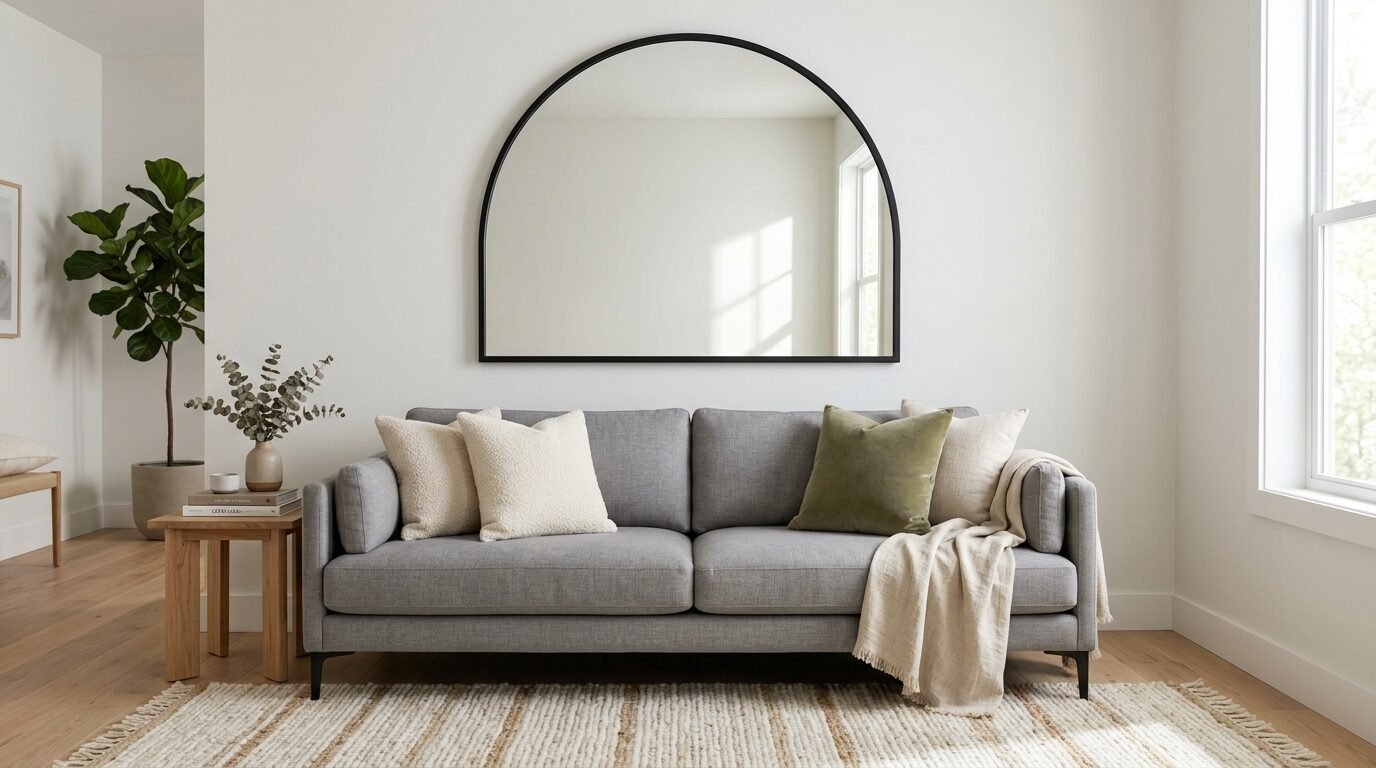 A modern grey sofa with textured pillows sits under a large black arched mirror in a bright room.