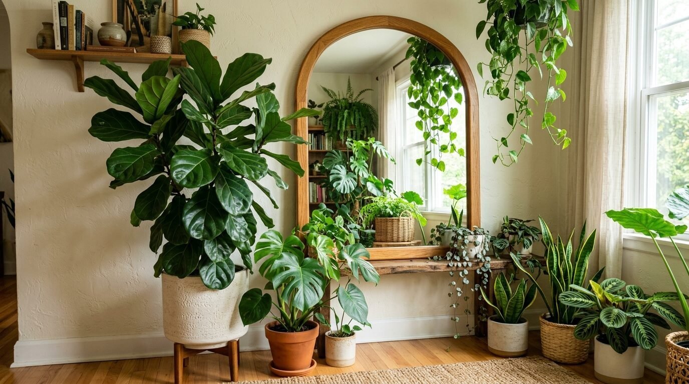 Large wooden arched floor mirror reflecting a collection of green plants in a sunlit room with hardwood floors.