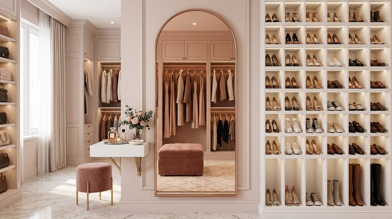Luxurious feminine dressing room with backlit shoe shelves and a vanity table with a velvet stool.