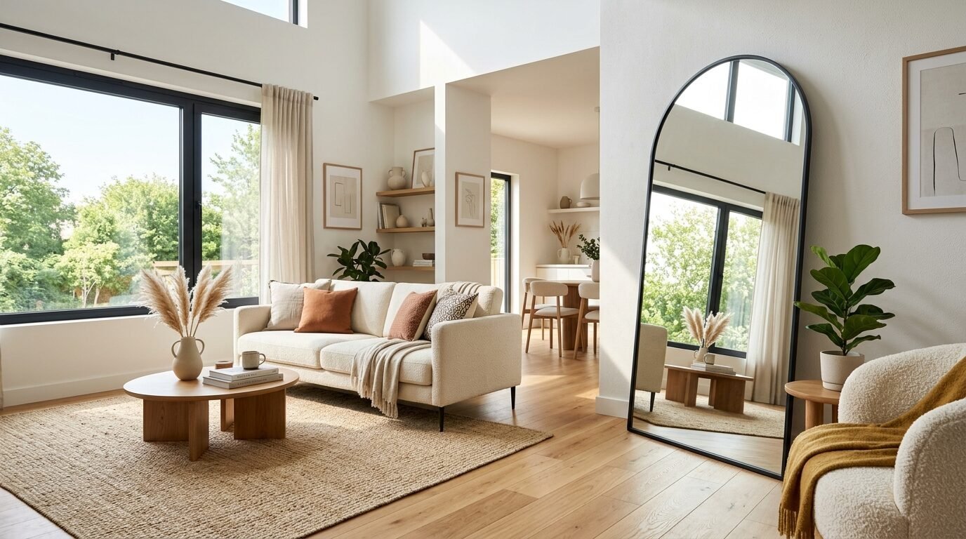 Modern cream sofa with textured pillows sits in a bright room with a tall arched mirror reflecting the dining space.