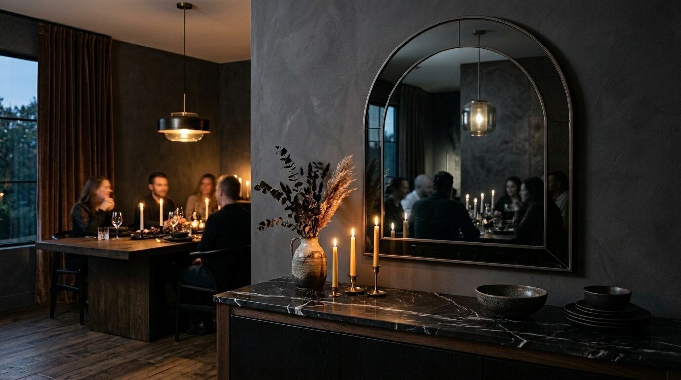 An arched mirror on a dark wall reflects people dining by candlelight at a wooden table.