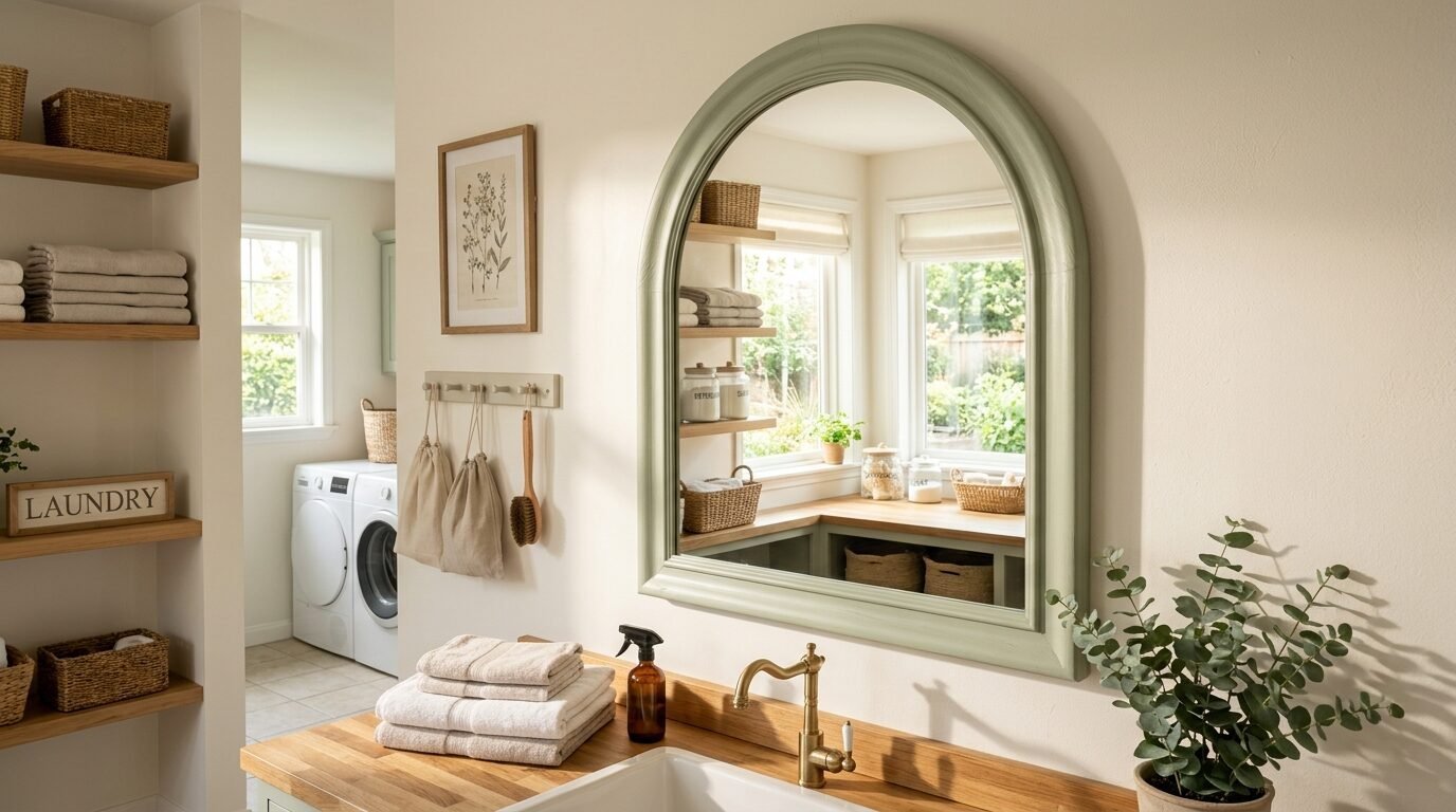 A sage green arched mirror mounted on a wall in a bathroom, reflecting shelves and a window in the laundry room.
