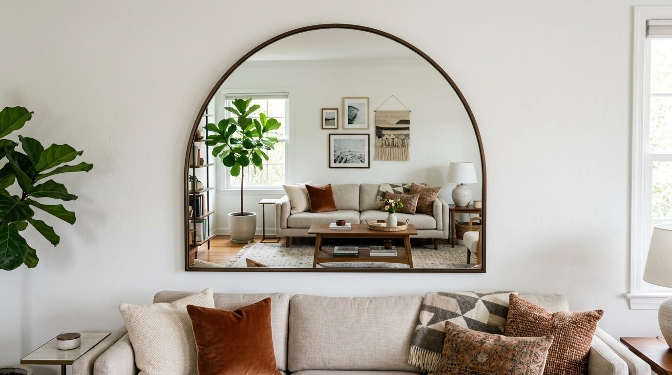 A large arched mirror on a white wall reflecting a cozy living room with a beige sofa, potted plant, and wall art.