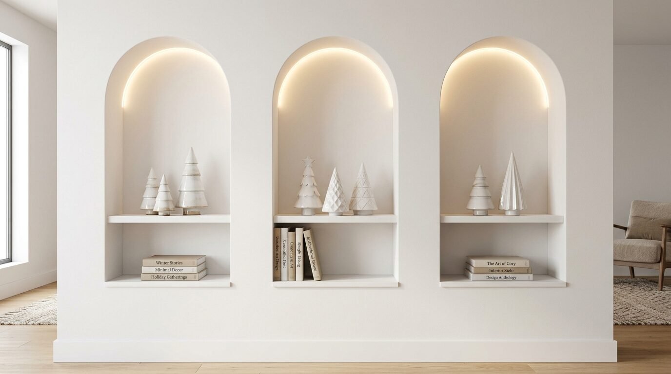 Built-in wall alcoves with backlighting, displaying ceramic Christmas trees and stacks of coffee table books.