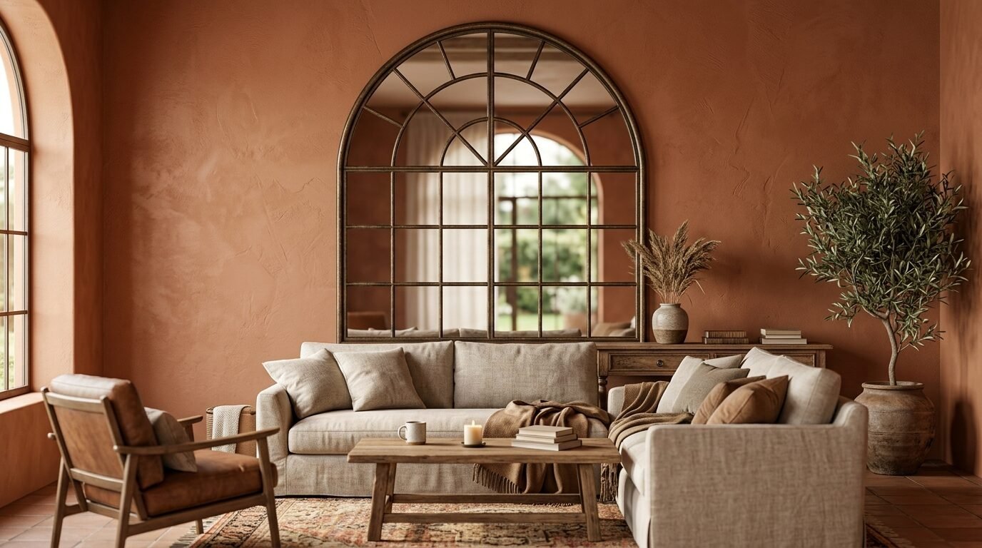 A rustic living room with terracotta walls, a beige sofa, and a large arched metal-framed mirror.