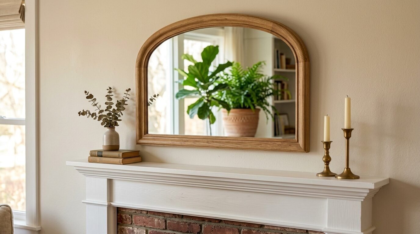 An elegant arched wooden mirror hangs on a cream wall over a brick fireplace with books and candles.