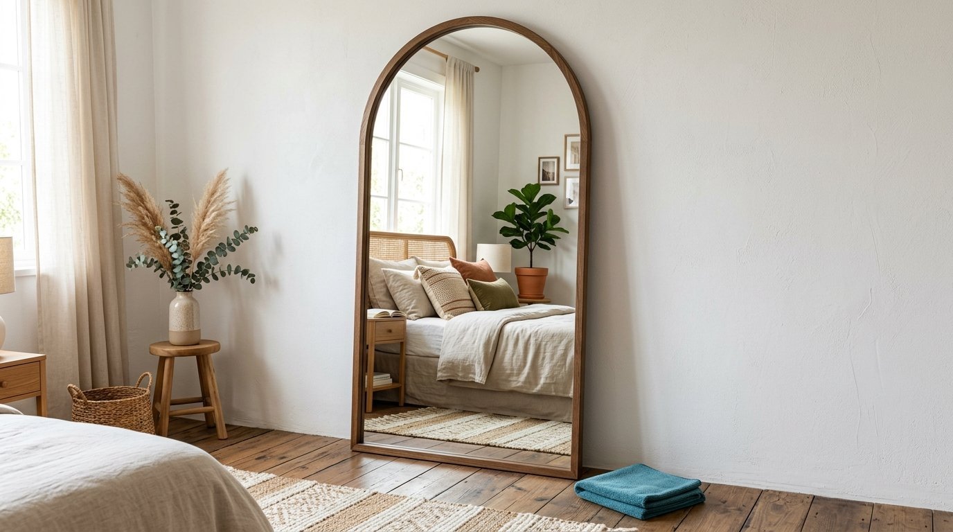 A full-length arched wooden mirror stands on a hardwood floor, reflecting a bed with neutral linens and a fiddle leaf fig.