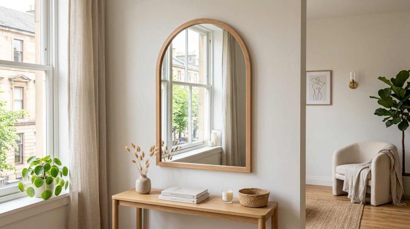 An arched mirror with a light oak frame hanging on a white wall above a wooden console table.