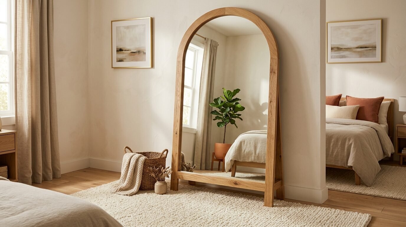 An oversized arched floor mirror with a wooden frame reflects a fiddle leaf fig plant and a bed.