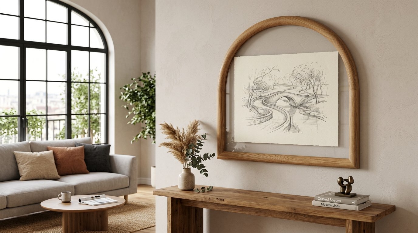 Arched wall mirror frame displaying a charcoal bridge drawing above a wooden console table.