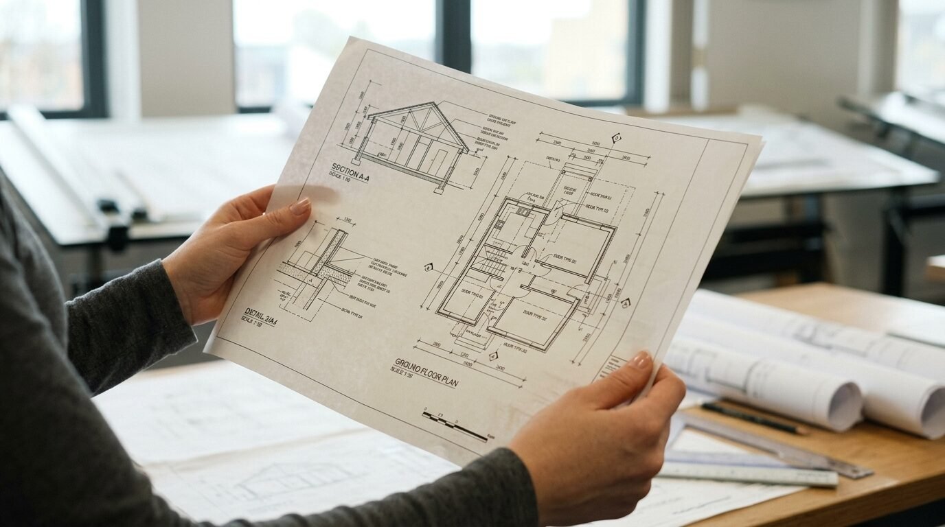 Close-up of hands holding a paper architectural blueprint featuring a house floor plan and section view.