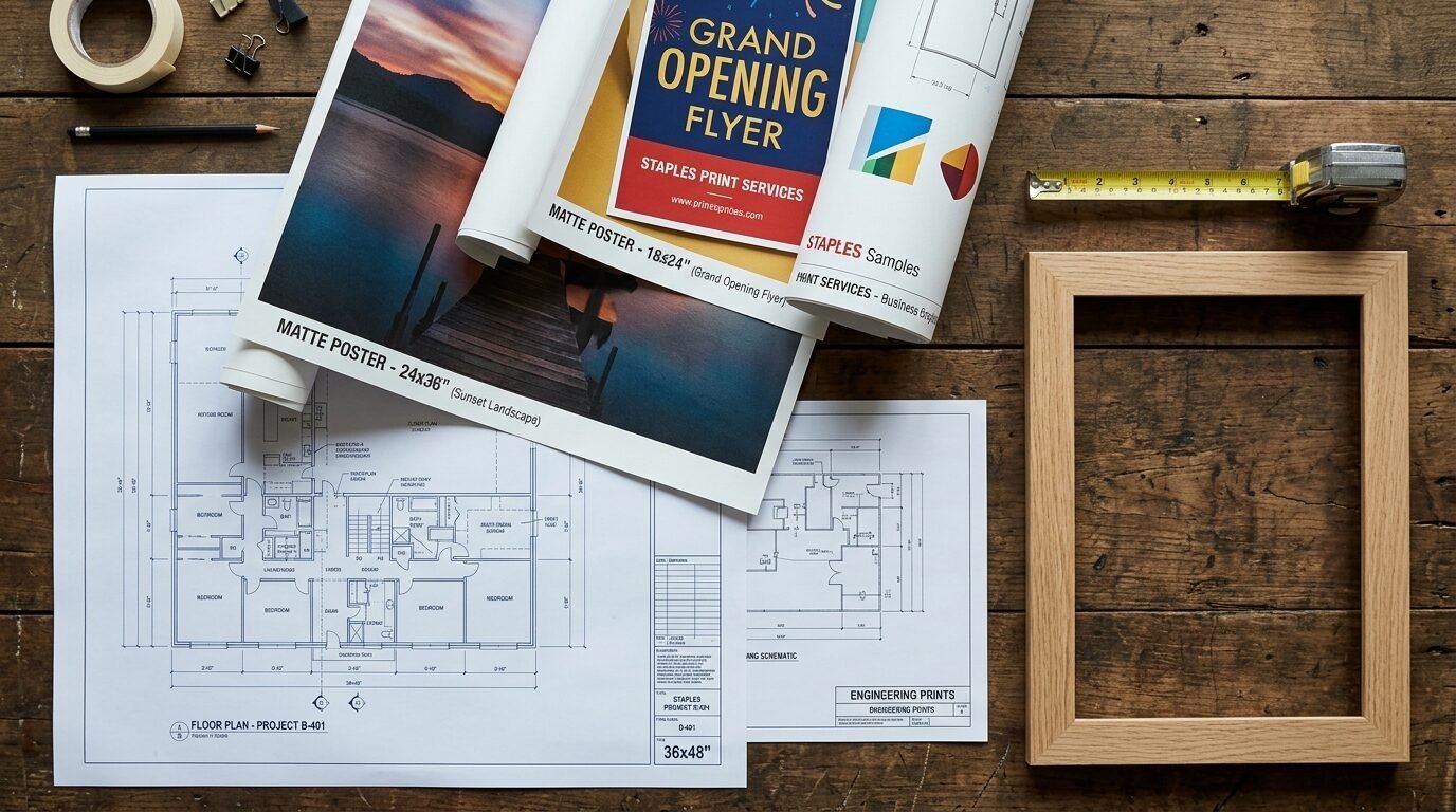Top-down view of blueprints, rolled posters, and a wooden picture frame on a dark rustic table.