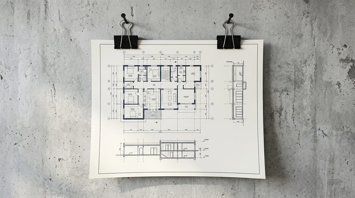 A technical floor plan illustration clipped to a textured grey wall.