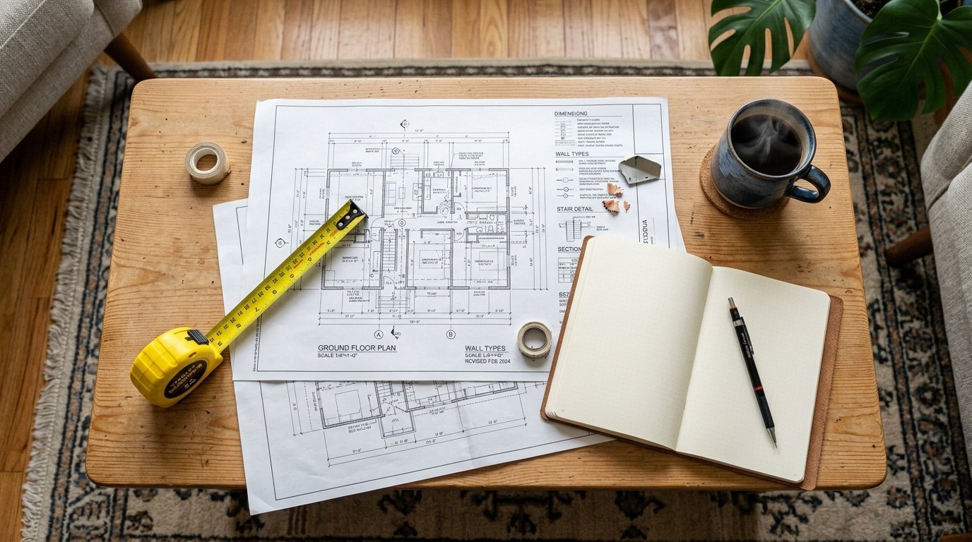 Top view of house blueprints, yellow tape measure, open journal, and steaming coffee mug on a wooden table.