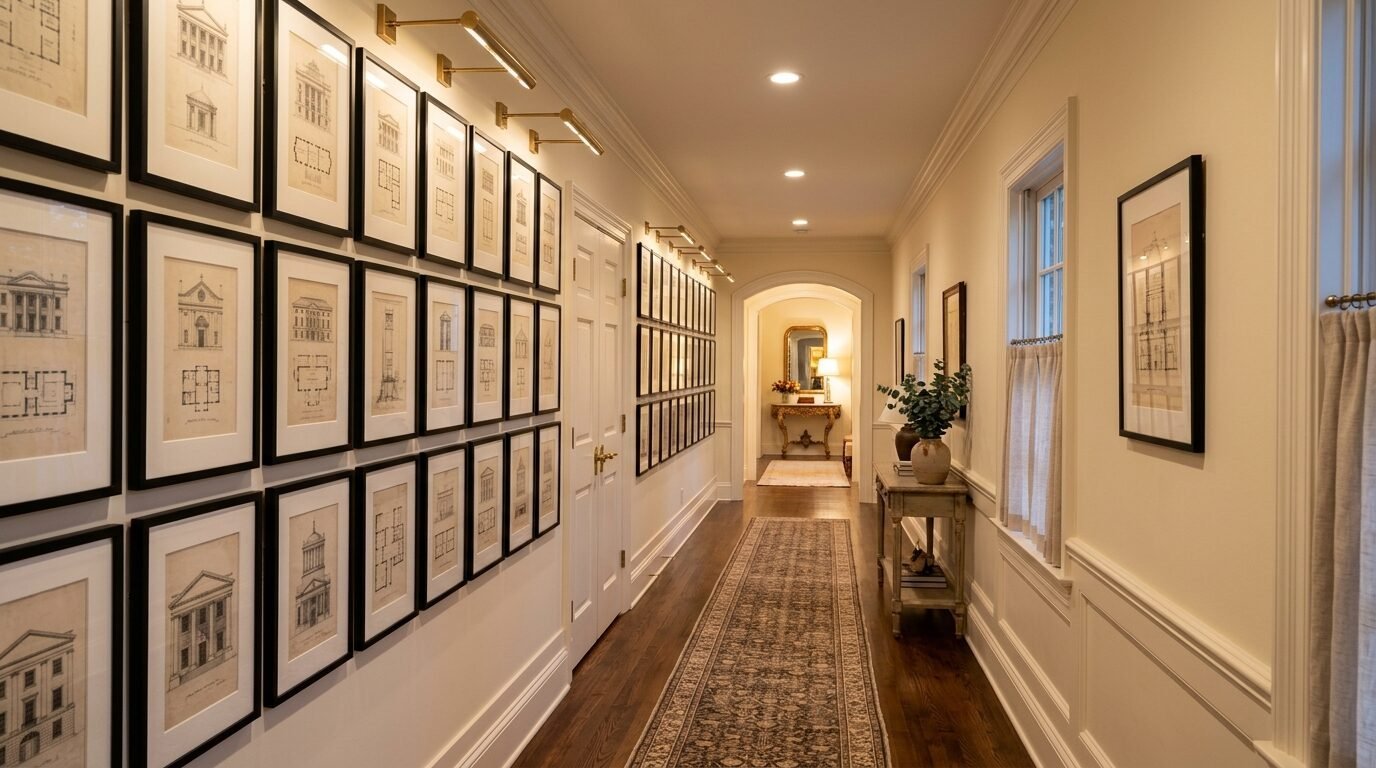 A long corridor featuring walls filled with framed architectural drawings, wooden floors, and a vintage runner rug.