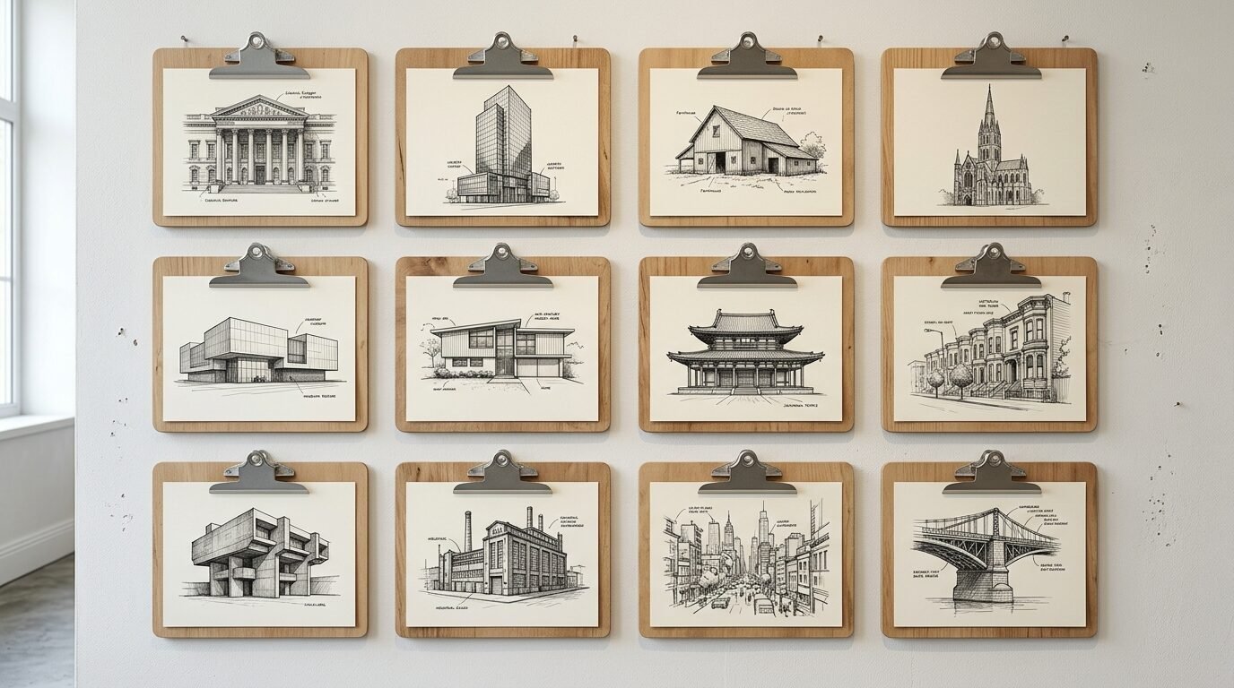 A wall gallery featuring a grid of twelve pencil-style architectural drawings pinned to wooden clipboards.