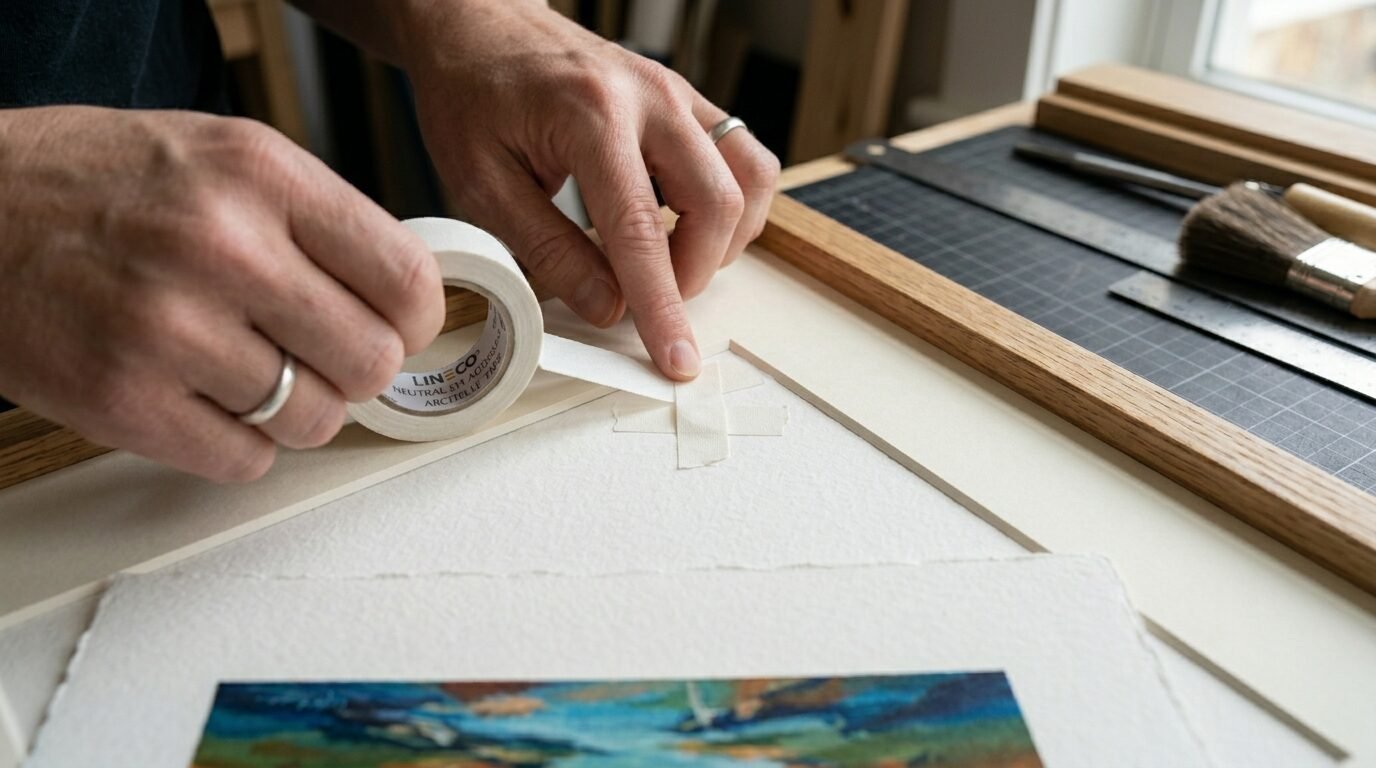Close-up of hands applying adhesive cloth tape to mount a textured paper print into a wooden picture frame.