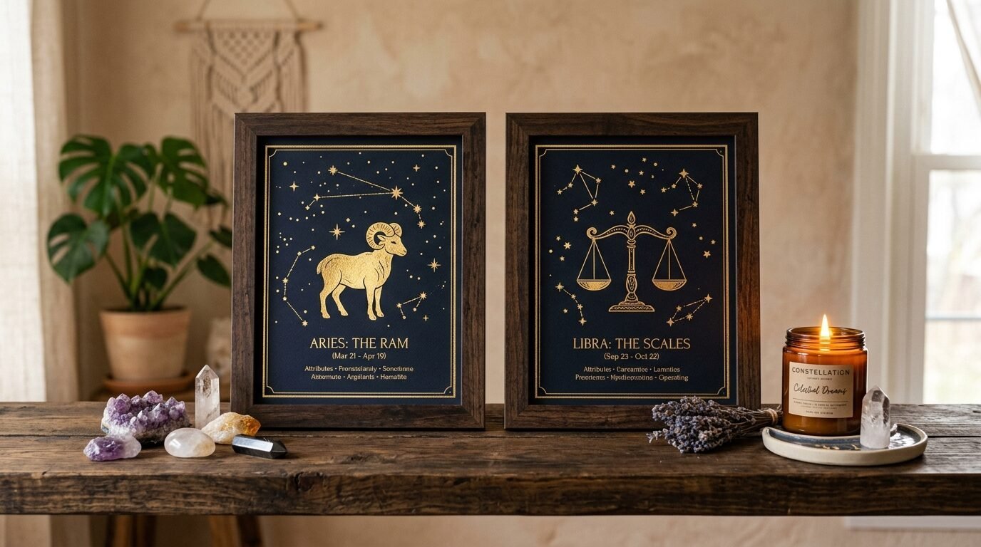 Two dark blue zodiac prints with gold foil ram and scale illustrations displayed in wooden frames on a rustic table.