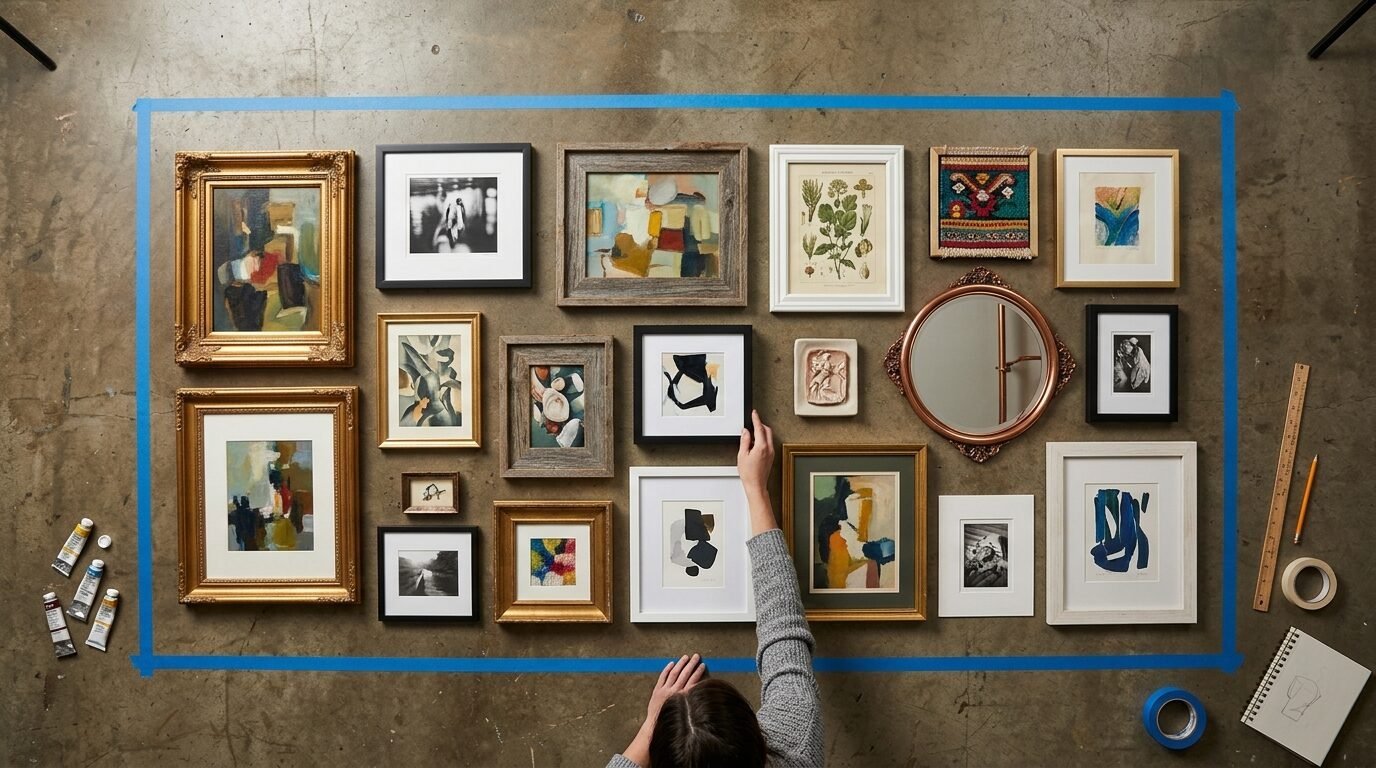 Overhead view of a person placing framed art and a mirror inside a blue painter's tape boundary on the floor.