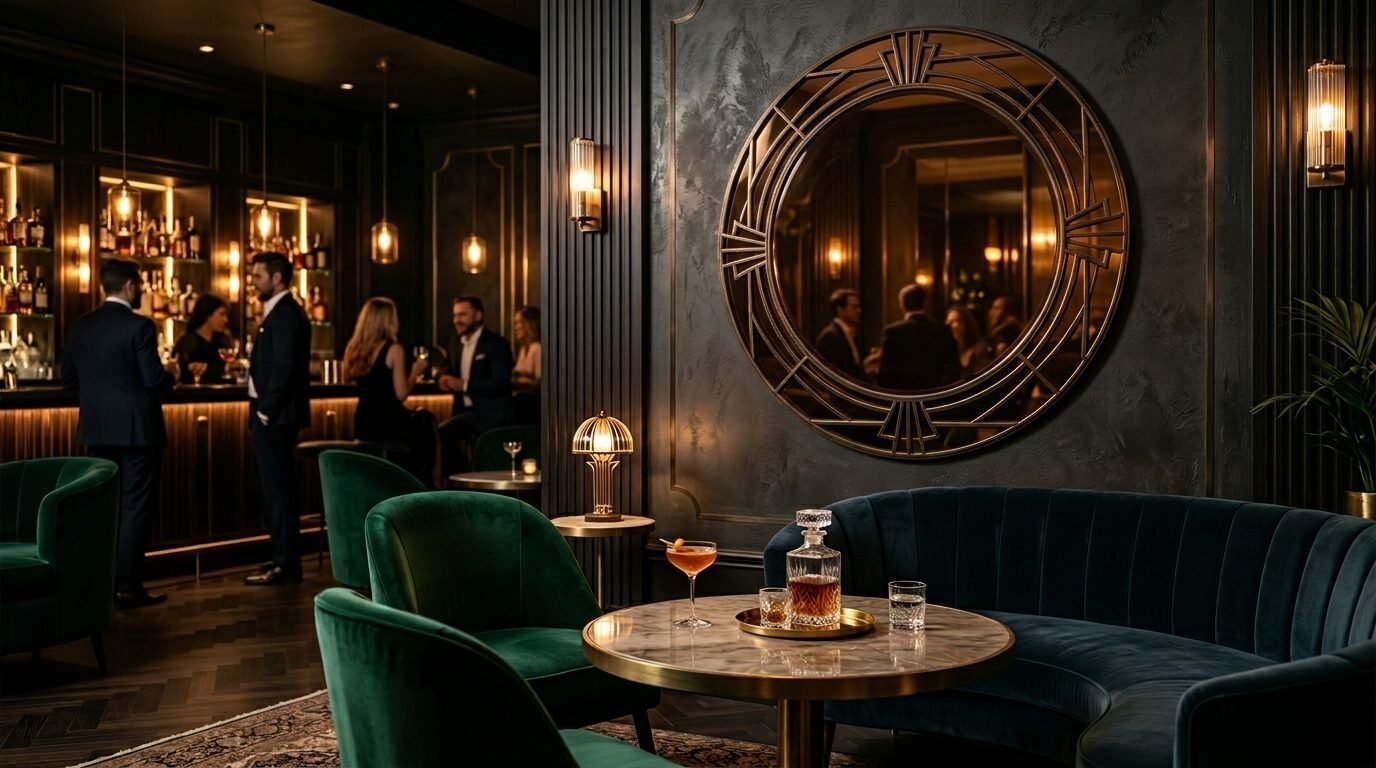 A sophisticated dim-lit bar with emerald velvet chairs, a round mirror, and a marble table with a cocktail and decanter.