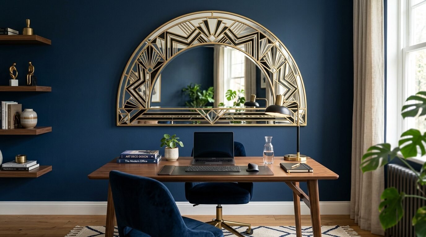 A wooden desk with a laptop against a navy blue wall under a geometric gold art deco mirror.
