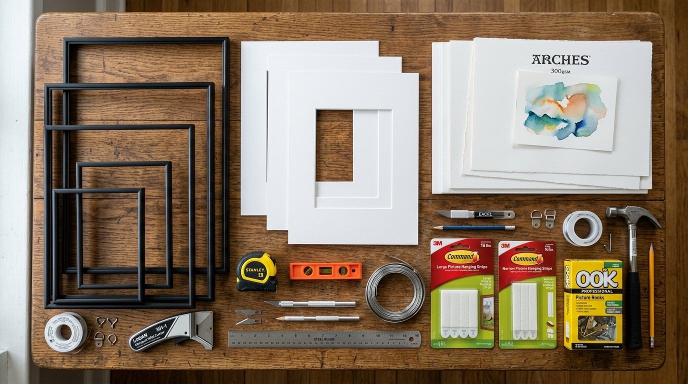 Arrangement of black frames, white mats, watercolor paper, tools, and hanging hardware on a wooden table.
