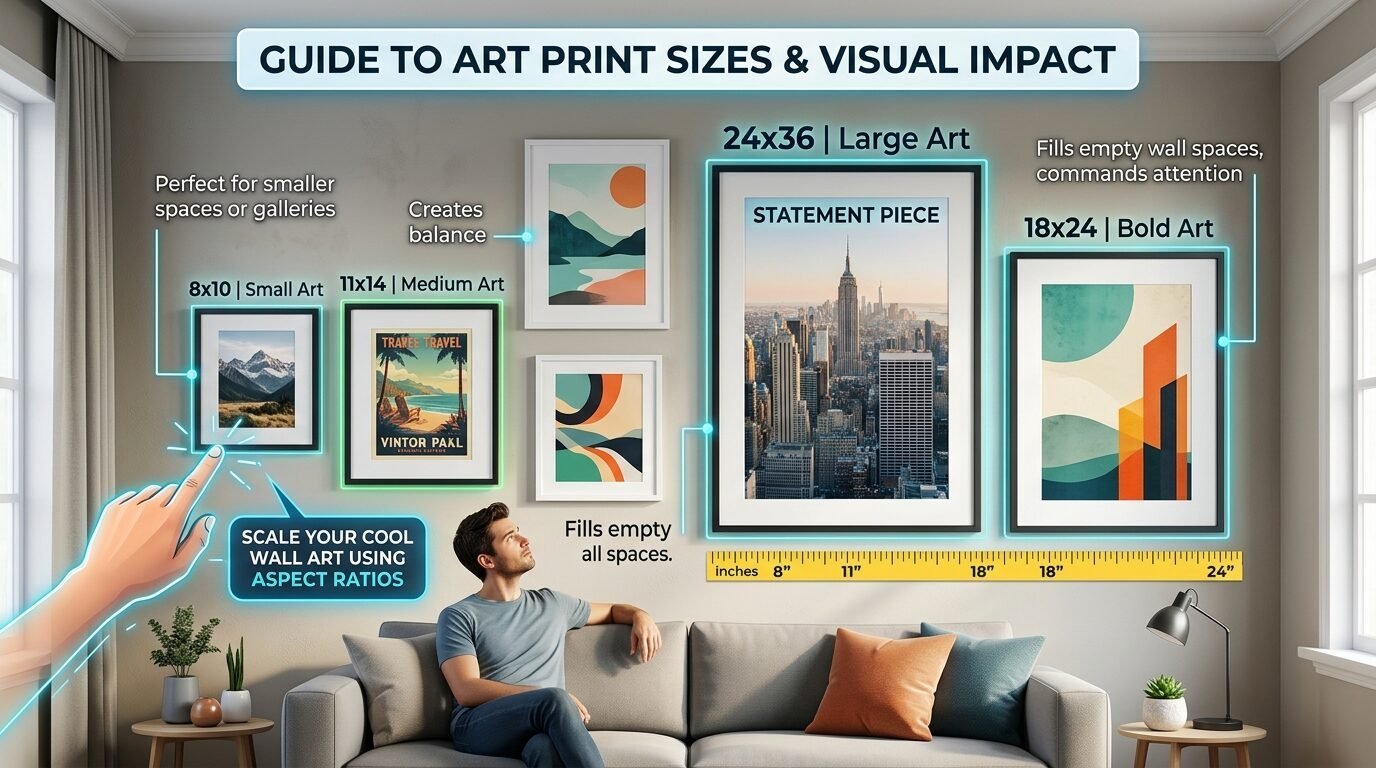An infographic showing a man sitting on a couch comparing various framed wall art sizes and dimensions on a living room wall.