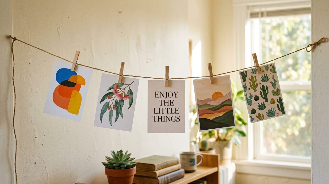 Decorative art cards with illustrations and text hanging on twine against a wall in a sunlit room.