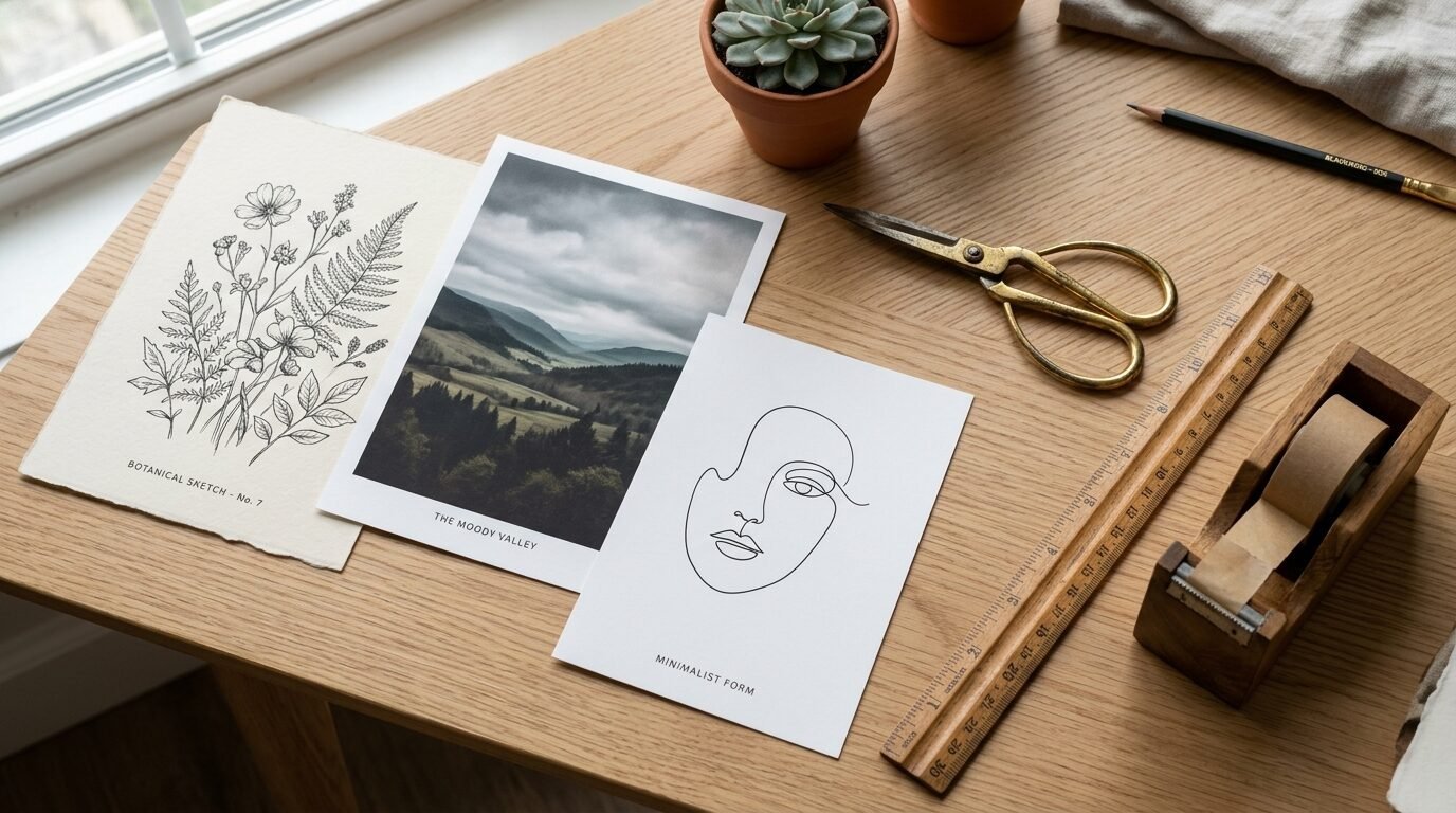 Botanical sketch, moody landscape, and line art face prints next to a wooden ruler, succulent, and brass scissors.
