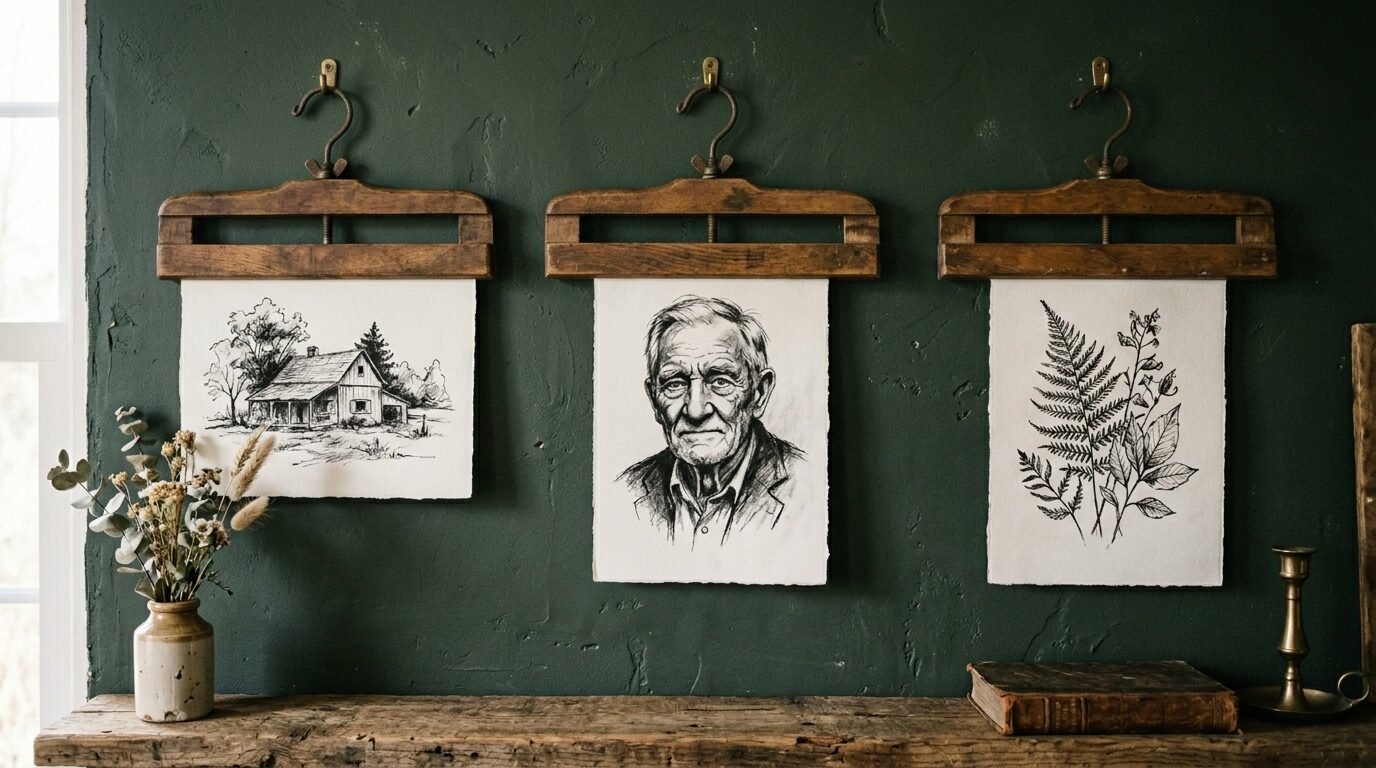 Three sketches on textured paper hanging from vintage wooden trouser hangers on a dark green wall.