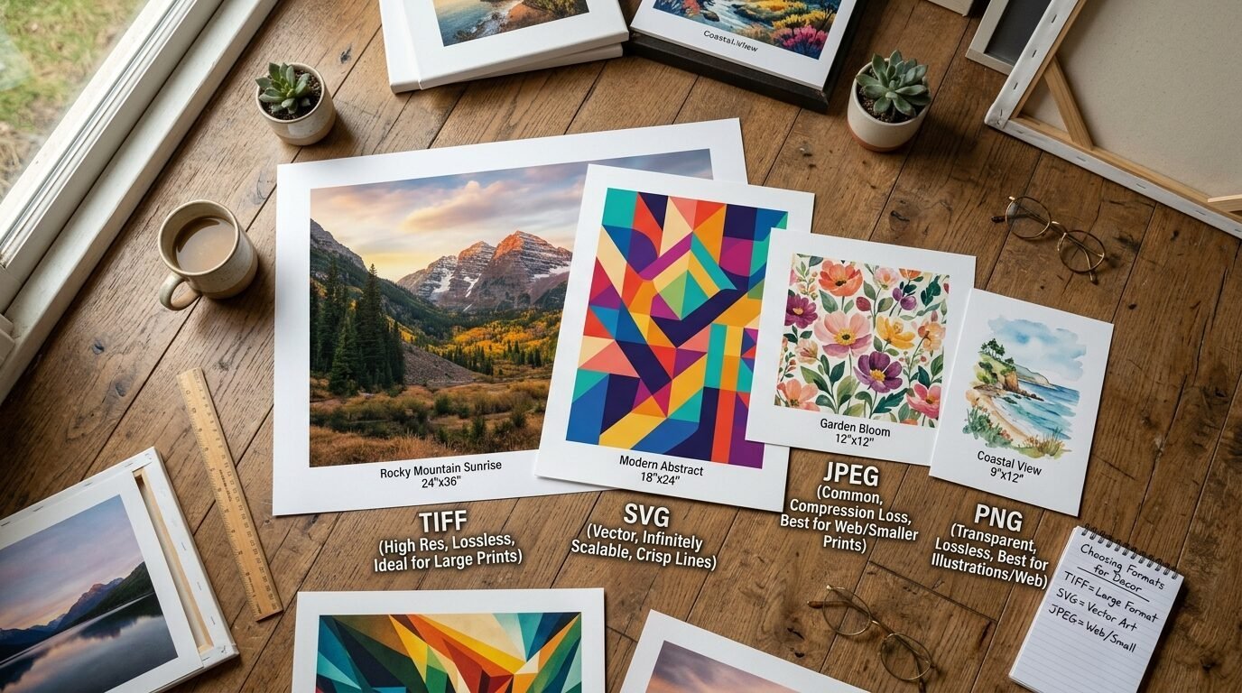 Top-down view of various landscape and abstract art prints arranged on a wooden table with office supplies.