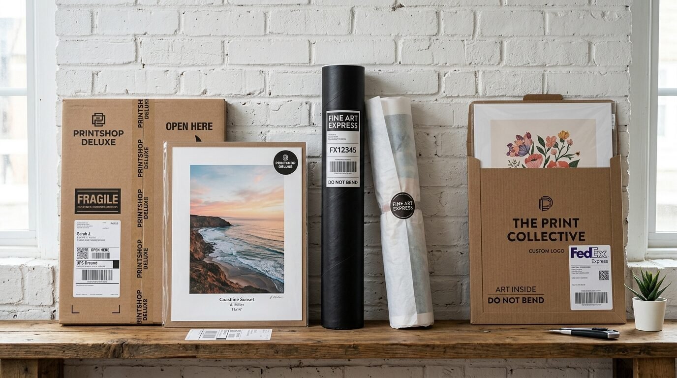 Shipping boxes and tubes containing fine art prints placed against a white brick wall.