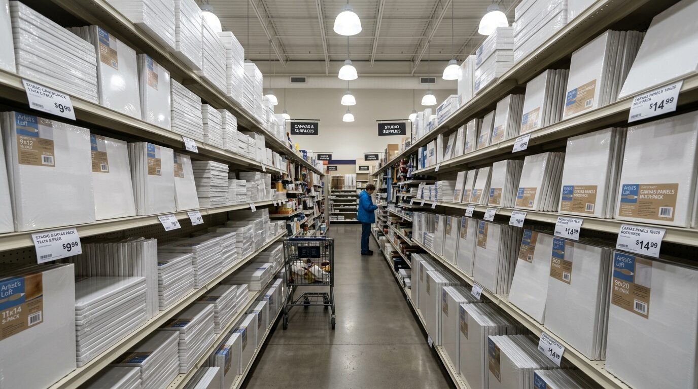 Tall shelves filled with various sizes of white artist canvases in a well-lit retail aisle.
