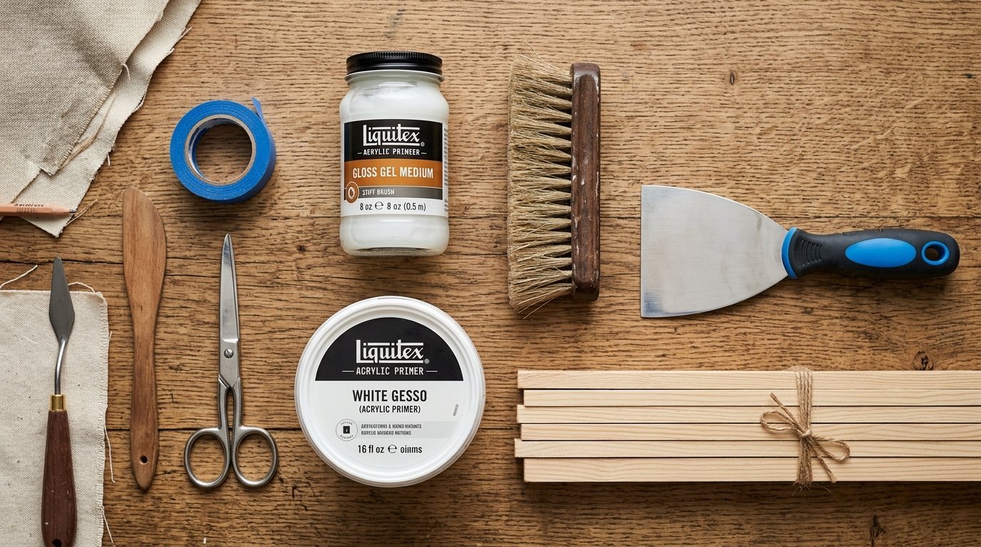 Top-down view of paint mediums, putty knife, wooden sticks, and scissors arranged on a rustic wood surface.