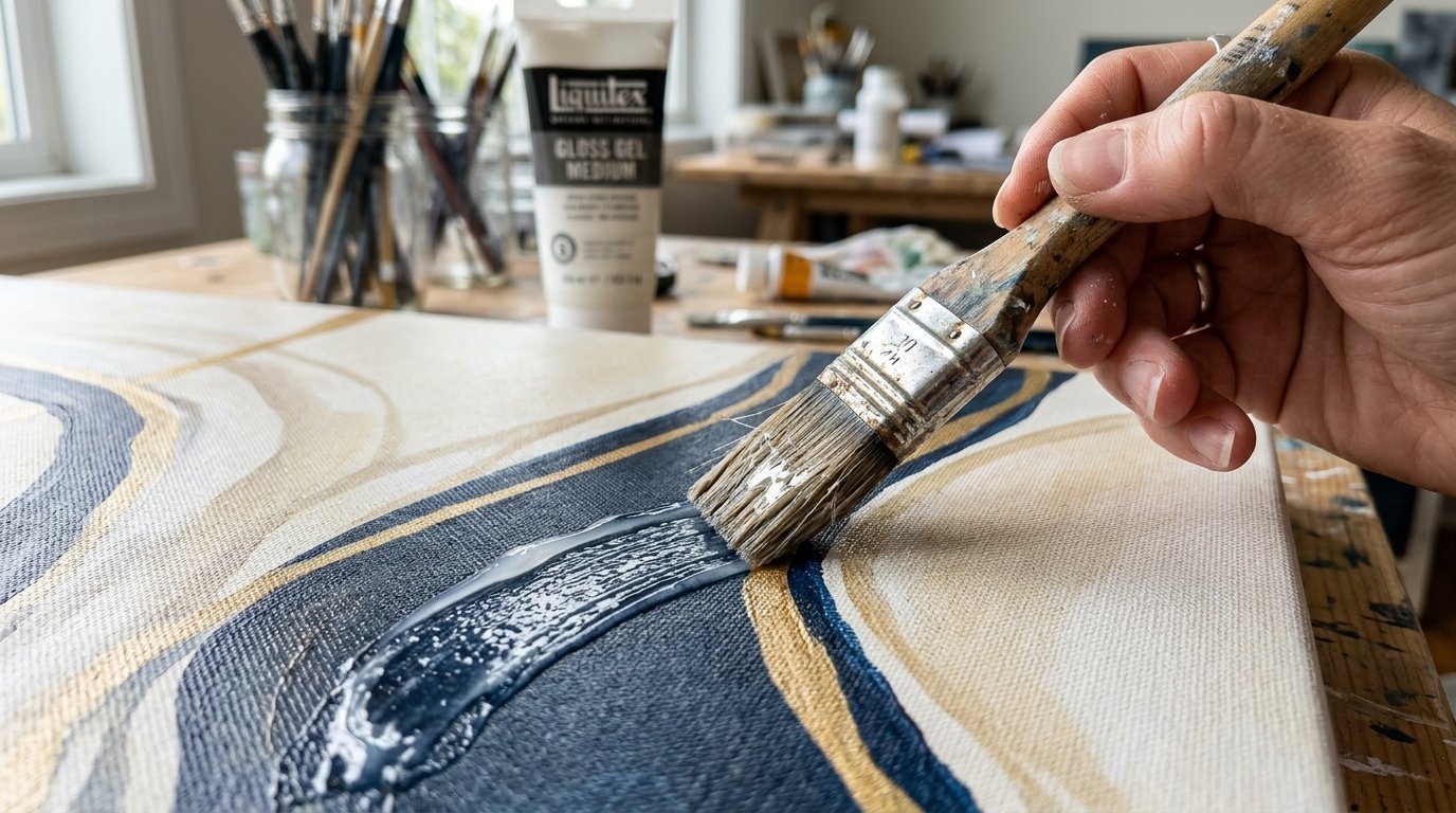 Close-up of a hand holding a paintbrush, spreading glossy medium over dark blue and gold abstract canvas art.