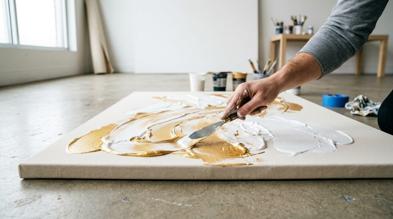 Close-up of a person spreading thick gold and white acrylic paint on a canvas using a metal palette knife.