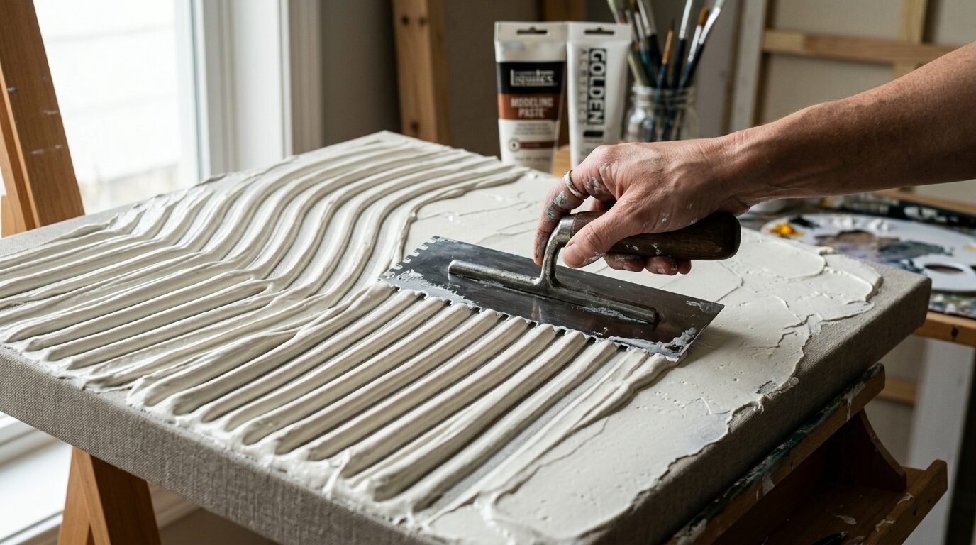 Close-up of a hand spreading white modeling paste on a canvas to make grooves with a metal tool.