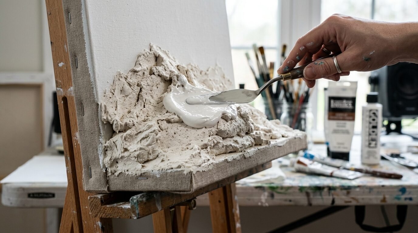 Close up of an artist using a metal palette knife to spread thick white textured medium on a canvas.