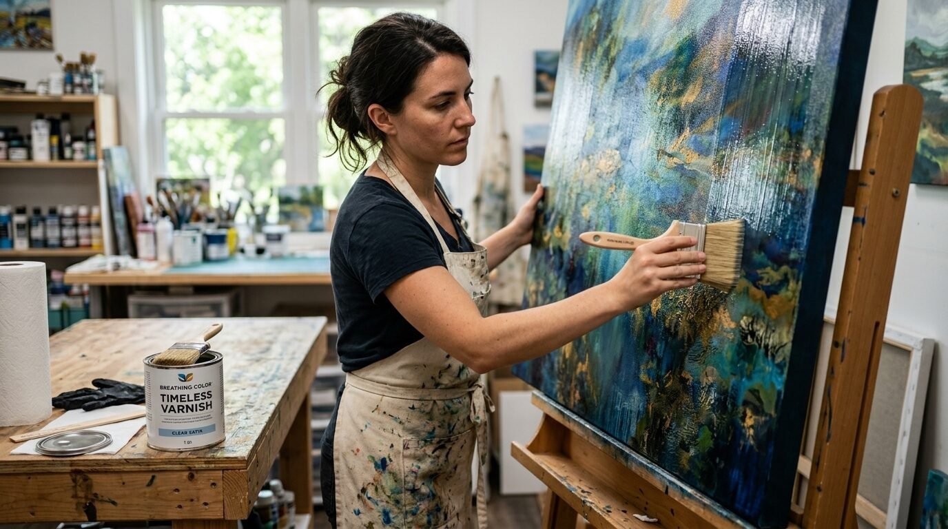 Painter wearing a splattered apron applies clear protective coating to an art piece on an easel.