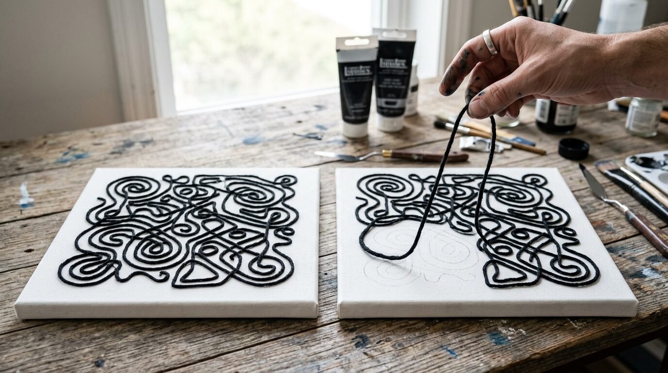 Close up of an artist's hand layering black thread in a swirl pattern onto a square white canvas.