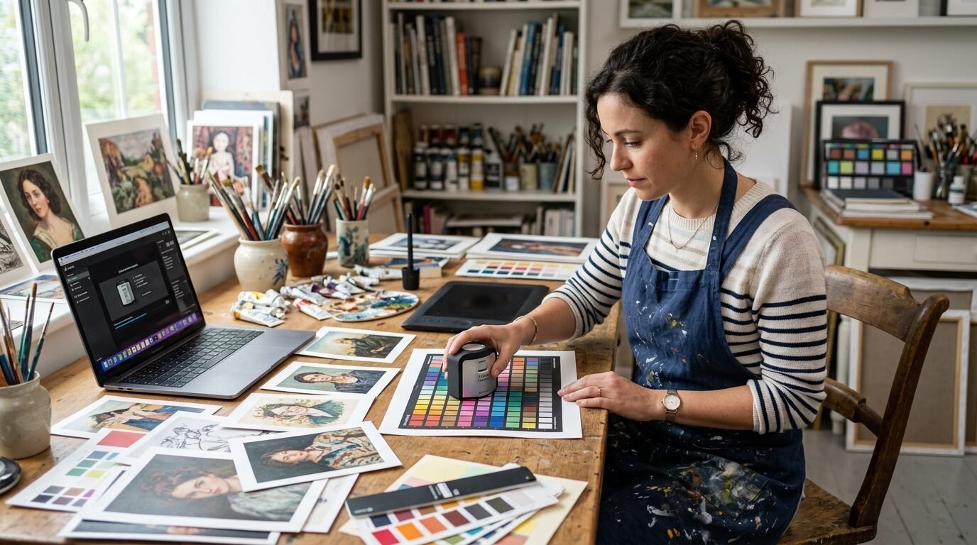 Woman in an apron using a color measurement device on a test chart at a desk with laptop and art prints.
