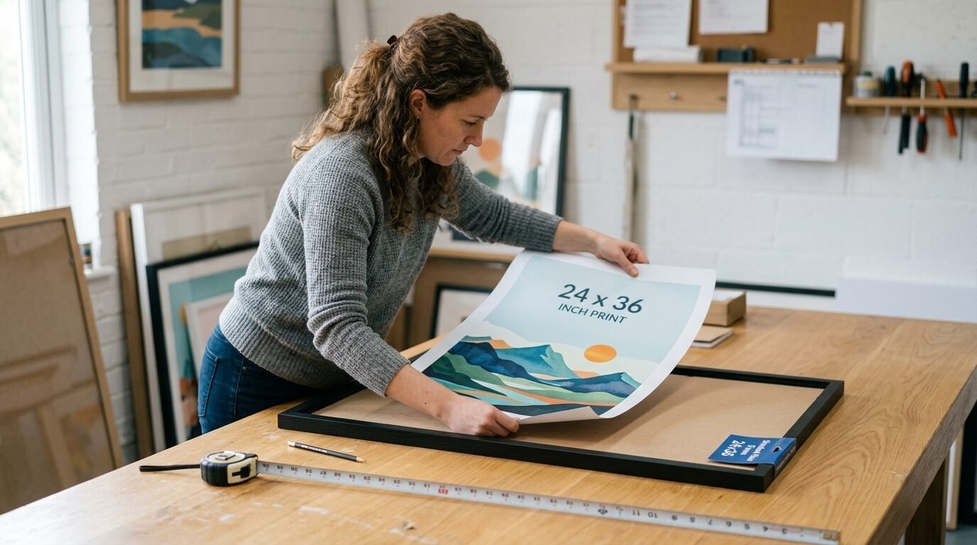 Female artist in a studio setting positioning a 24x36 inch landscape print into a wooden picture frame.