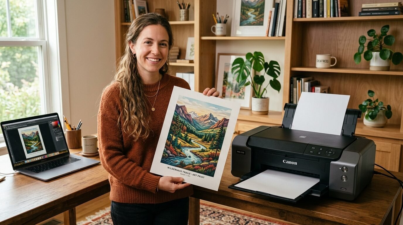 Woman in a brown sweater holding a printed art piece of a river flowing through mountains next to a Canon printer.