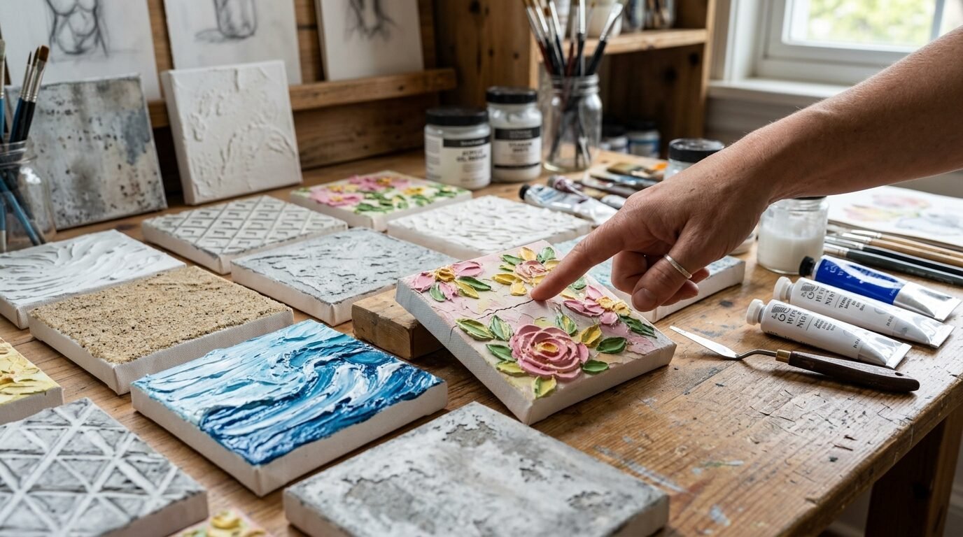 A person points to a small canvas with a thick impasto floral design surrounded by other textured art samples.