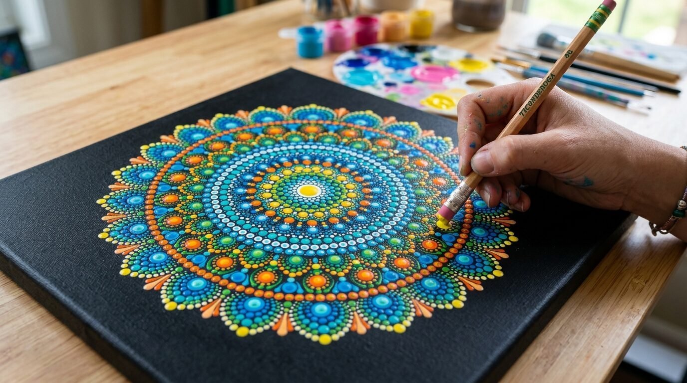 Close up of a hand using a pencil eraser to apply yellow paint dots to a geometric mandala design on black canvas.