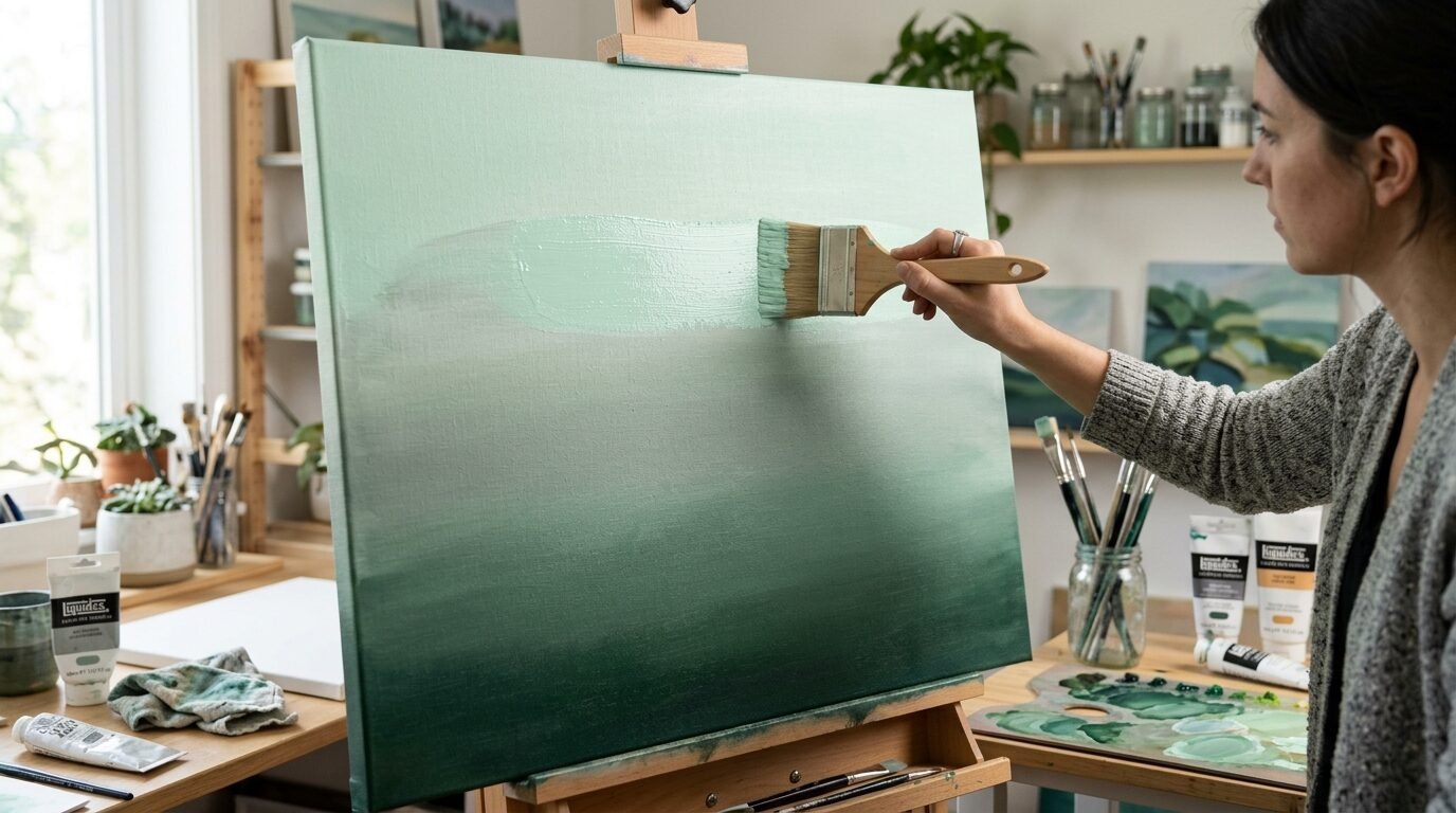 An artist creates a smooth ombre gradient on canvas using a wide brush in a studio setting.