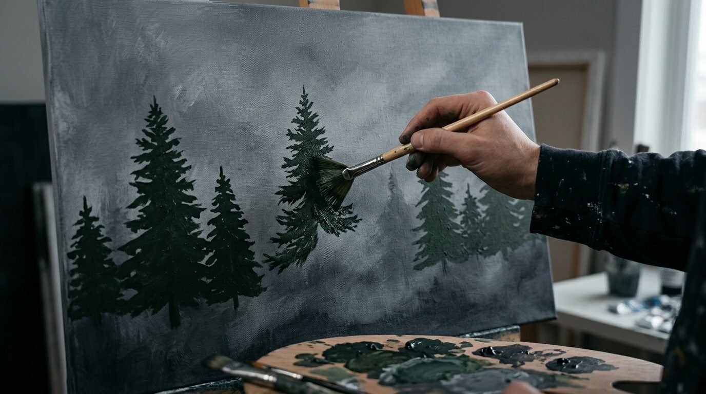 Close up of an artist hand painting dark pine trees against a grey misty background on a canvas easel.